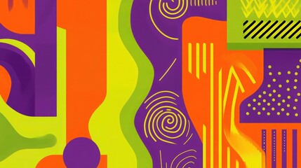 Wall Mural - colorful abstract line shapes arranged in a creative pattern, featuring bold lines, swirls, and zigzags in colors like orange, purple, and lime green. The minimalist style gives each shape a playfUl.