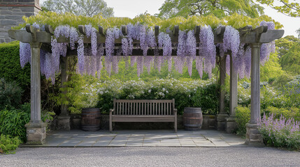 Poster - Blossoming Wisteria Hanging from a Pergola