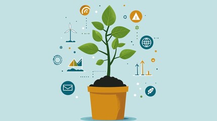 Poster - Modern Illustration of a Green Plant Growing in a Pot Surrounded by Icons Representing Business Growth, Technology, and Sustainability Concepts in a Light Blue Background