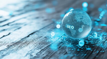 Poster - Creative Digital Art Depicting a Global Sphere with Network Connections Emphasizing SEO Concepts and Modern Technologies on a Rustic Wooden Background