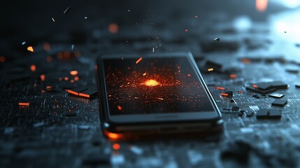 Poster - Conceptual Design of a Smartphone Displaying a Vibrant Abstract Visualization Over a High-Tech Futuristic Background with Glowing Particles and Fragments