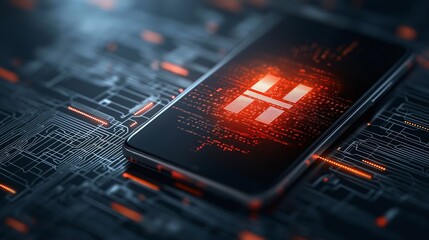 Poster - Futuristic Digital Illustration of a Smartphone on a Circuit Board Background with Glowing Elements Highlighting Modern Technology and Connectivity