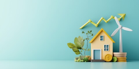 Poster - Creative 3D Rendering of Eco-Friendly House with Wind Turbine, Coins, and Greenery Showcasing Sustainable Living and Environmental Awareness