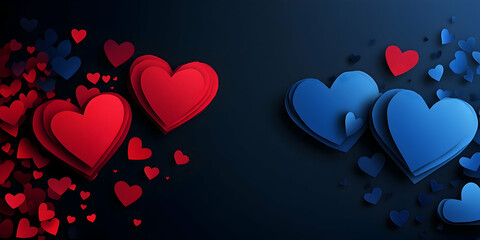 Poster - Happy Valentine's Day banner with paper-cut red and blue hearts on a black background