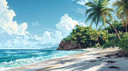 Wall Mural - A cartoon illustration of a tropical beach with white sand, blue water, palm trees, and a lush green forest.