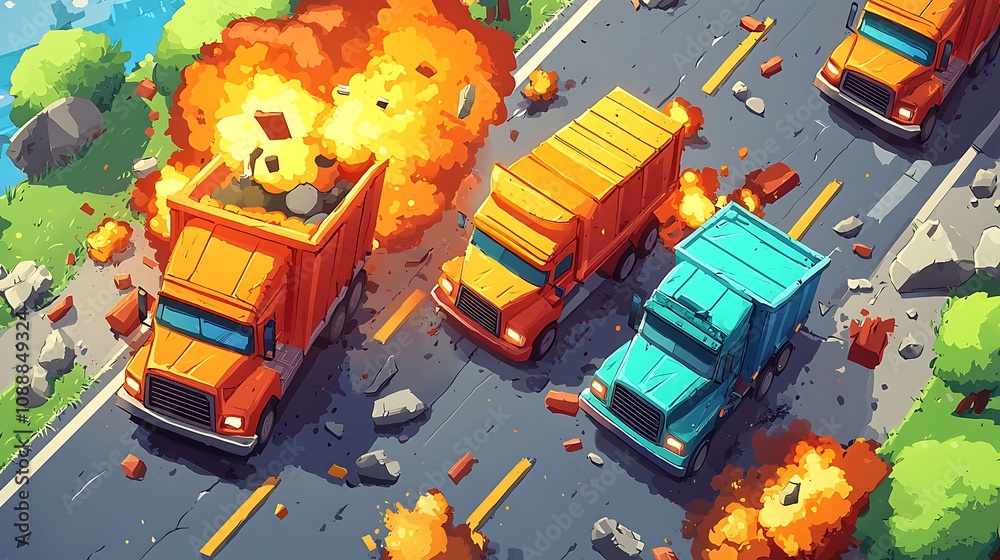 Cartoon Illustration of Multiple Dump Trucks Involved in a Series of ...