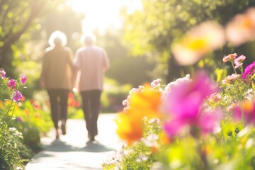 a vibrant garden scene at a care facility, featuring colorful flowers and a bright atmosphere, where