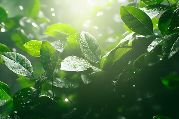 green leaves closeup with sunlight, water mist droplets on the leaves, bright environment lights