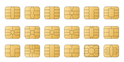 Leinwandbilder - EMV chip golden vector icons. Contactless payment at terminals and ATMs. Set line nfc symbol. Square computer microchips for credit debit cards. 