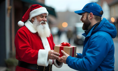 Wall Mural - Santa Claus in red suit holding a box with a Christmas gift and gives it to a delivery man, standing outside of a house and next to a Christmas tree