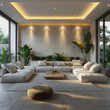 © Rana - minimalist interior design of modern living room with a white accent, simple style, png