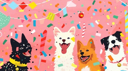 Naklejka na meble Dogs celebrating together in a colorful party setting home digital illustration joyful atmosphere playful viewpoint playfulness