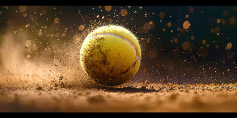 A tennis ball is in the air, surrounded by dirt and dust