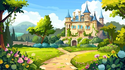 Sticker - A cartoon illustration of a fairytale castle in a green garden.