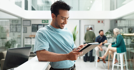 Aufkleber - Relax, thinking and man in office with tablet, smile and planning online schedule at creative agency. Scroll, research and design consultant with digital app for business agenda, website or ideas
