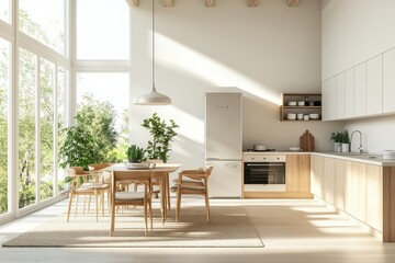 Wall Mural - A modern kitchen with natural light, wooden furniture, and greenery for a cozy atmosphere.