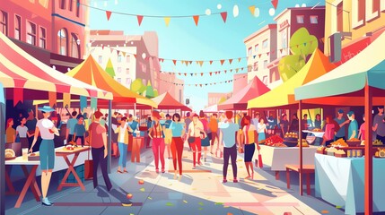 Canvas Print - An illustration of a bustling street market with colorful tents and people shopping.