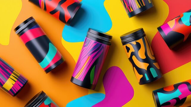 A 3D rendering of sleek, modern packaging designs for various products, with vibrant colors and bold text, ideal for advertising creative packaging solutions