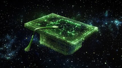 Wall Mural - a digital graduation cap made of shimmering green particles, set against a cosmic black backdrop fil