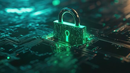 Poster - A close-up shot of a futuristic digital padlock with glowing green circuit lines, symbolizing advanced technology and security, ideal for cybersecurity and tech-related visuals