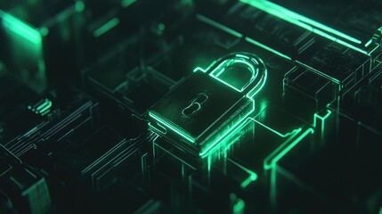 Poster - A close-up shot of a futuristic digital padlock with glowing green circuit lines, symbolizing advanced technology and security, ideal for cybersecurity and tech-related visuals