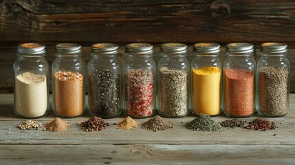 Poster - A collection of assorted spices in glass jars on a weathered wooden table, showcasing rich textures and vibrant colors, ideal for culinary arts, cooking inspiration, or spice products
