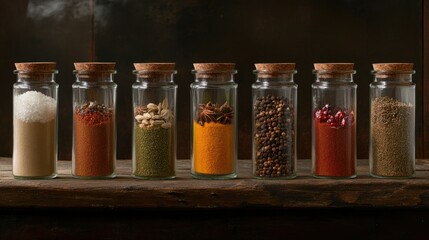 Poster - A collection of assorted spices in glass jars on a weathered wooden table, showcasing rich textures and vibrant colors, ideal for culinary arts, cooking inspiration, or spice products