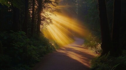 Poster - Forest Path at Dawn with Light Beams