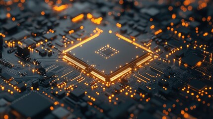 Poster - A detailed shot of a microprocessor surrounded by glowing connections on a circuit board, highlighting advanced tech and electronic engineering in a futuristic style