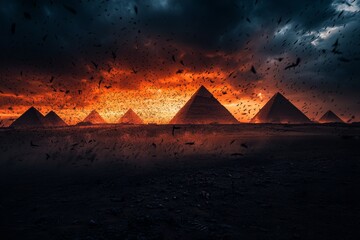 Wall Mural - The eighth plague of Egypt: massive locust swarm darkening the sky over the pyramids, devouring crops and trees