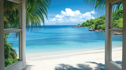 Aufkleber - Looking out from an open window to a stunning beach with blue waters, white sand, and a tropical forest in the distance, evoking a sense of tranquility and natural beauty