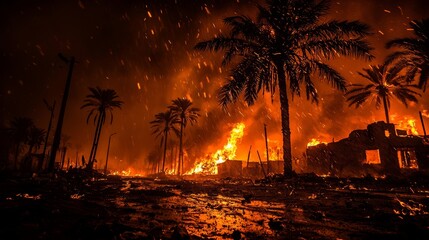 Wall Mural - The seventh plague of Egypt: burning hailstones raining on fields, palm trees ablaze, and villagers fleeing in terror