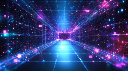 Abstract digital tunnel with glowing particles and grid lines, futuristic and vibrant.