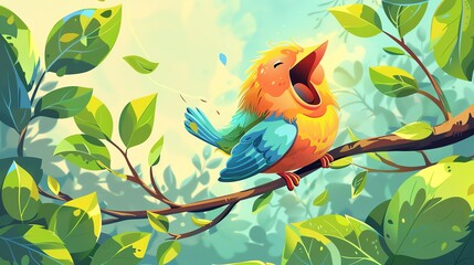 Wall Mural - A bright and colorful cartoon bird singing its heart out on a branch in a tree.