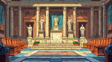 Ancient Roman Senate Hall A Digital Painting of a Grand Classical Building.  This illustration depicts a meticulously detailed interior scene suitable for historical, educational, or fantasy settings.