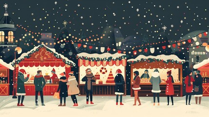 Sticker - An illustration of a Christmas market with people shopping for gifts and treats.