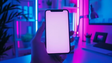 Poster - In a dimly lit room, a hand presents a smartphone displaying a blank screen.