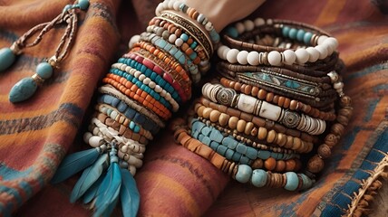 Colorful stacked bracelets with beads and feathers, bohemian style displayed on a textured fabric background