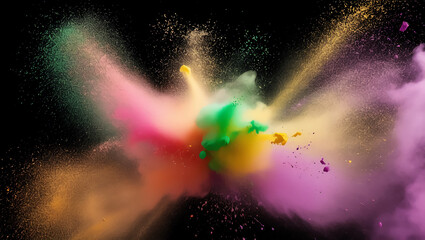 Wall Mural - Ethereal Explosion of Holi Powder in Slow Motion Against Black Background, Celebrating Color and Joy.