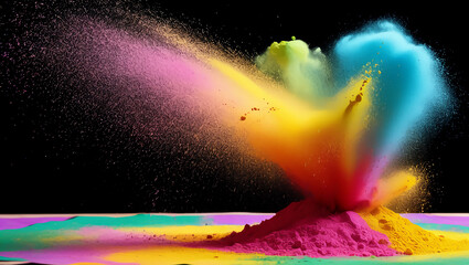 Wall Mural - Ethereal Explosion of Holi Powder in Slow Motion Against Black Background, Celebrating Color and Joy.