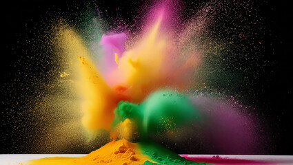 Wall Mural - Ethereal Explosion of Holi Powder in Slow Motion Against Black Background, Celebrating Color and Joy.