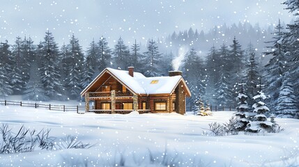 Canvas Print - A cozy cabin in the woods covered in snow.