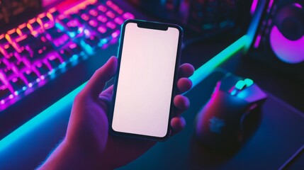 Poster - A hand holds a smartphone displaying a blank screen, surrounded by a vibrant gaming environment illuminated by colorful LED lights and a gaming mouse resting nearby on a dark surface.