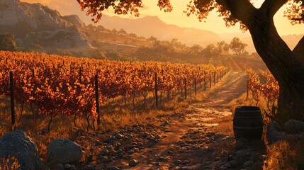 Poster - Autumn Vineyard Sunset Landscape With Wine Barrel