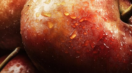 Poster - Red Apple Surface Water Droplets Closeup