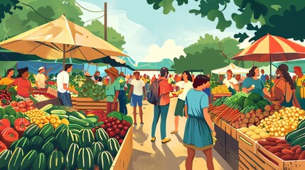 Canvas Print - A colorful, illustrated outdoor market scene with people walking around and browsing.