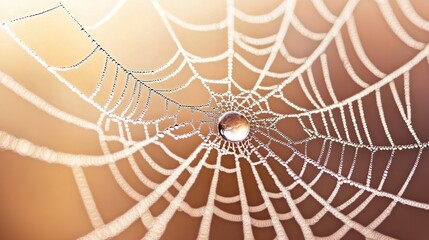 A close-up of a spider web with a dew drop, showcasing intricate patterns and natural beauty.