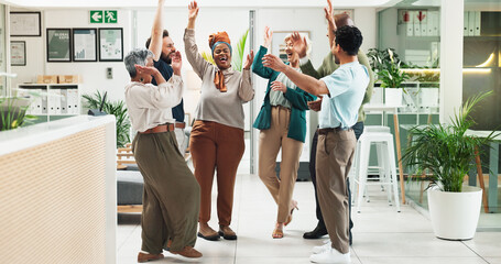Poster - Cheers, success and business people in celebration with teamwork, diversity and motivation. Dance, men and women in office with winning achievement, support and excited employees at creative agency