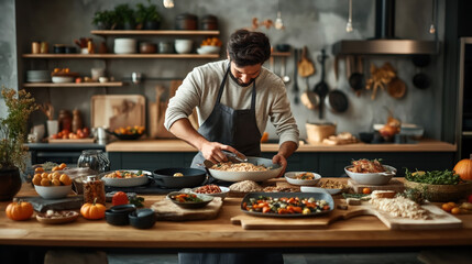 Wall Mural - Man in modern kitchen preparing food with fresh ingredients on a wooden countertop, surrounded by bowls, vegetables, and cooking tools