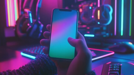 Poster - A person holds a smartphone showcasing a colorful gradient display in a room illuminated by neon lights. Bright hues reflect off gaming equipment, enhancing the energetic atmosphere of the space.